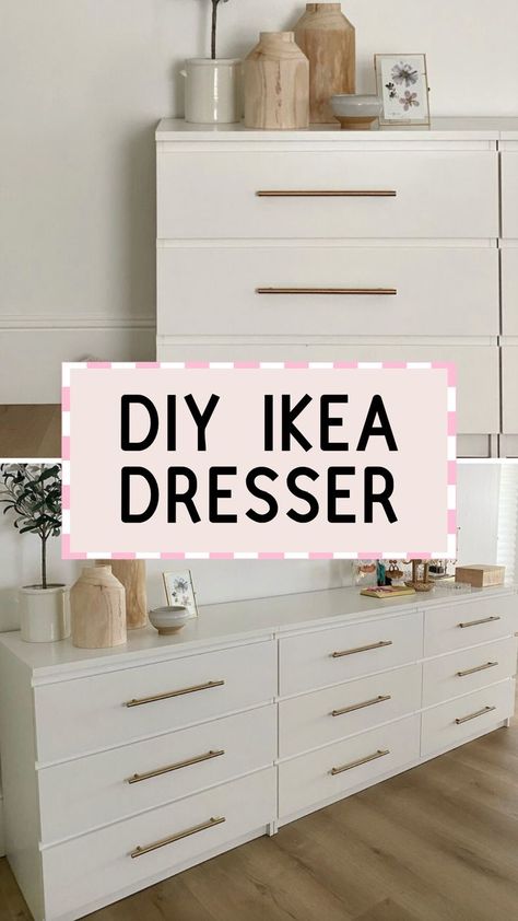 Looking for affordable home decor ideas? This Ikea Malm dresser makeover makes it look WAY more expensive that modern than before!! We used this Ikea dresser hack in our modern bedroom design and I love how it turned out! Read this post to see exactly how we transformed this Ikea dresser & all of the pieces we used! Diy Ikea Dresser Makeover, Ikea Malm Dresser Makeover, Malm Dresser Makeover, Malm Dresser Decor, Diy Ikea Dresser, Boho Kids Bedroom, Ikea Dresser Makeover, Ikea Malm Hack