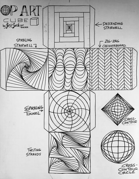 Op Art Lessons Elementary, Logic Puzzles For High School Students, Op Art Cubes Lesson, Art Choice Boards Elementary, Pattern Art Projects High School, Op Art Cube Template, The Lost Sock, Elementary 3d Art Projects, November Art Projects For Middle School