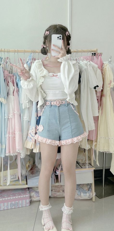 Kawaii, Cute Pastel Korean Outfits, Softie Aesthetic Clothes, Aesthetic Softie Outfits, Kawaii Athletic Outfits, Pastel Aesthetic Outfit Summer, Kawaii Summer Outfits Pastel, Kawaii Clothes Summer, Japanese Soft Girl Outfits