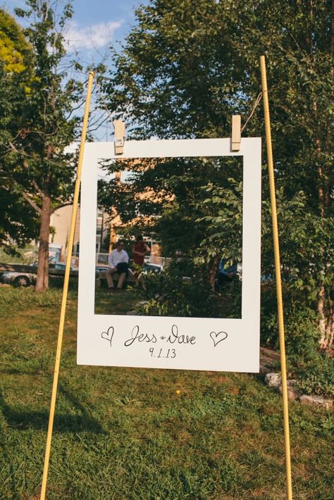 You can either set the two support poles in the ground, or put them in buckets filled with concrete (get a step-by-step in this how-to). Write your name and wedding date on the bottom of the photo frame, which you can make with poster board or foam board. Then, attach it to the poles with oversized clothespins, which you can find in most craft stores or online.Difficulty level: Cheap Diy Photo Backdrop Wedding, United Ceremony Ideas, Seating Wedding Chart, Wedding Unique Guest Book, Wedding Live Band Set Up, Backyard Pool Wedding Reception, Peg Board Photo Display, Wedding Ideas Southern, Backyard Wedding Small Simple