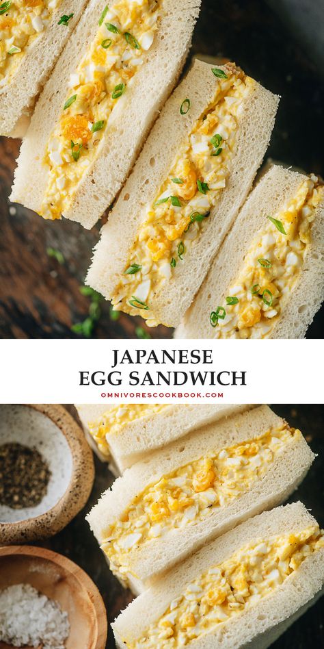 Japanese egg sandwich, or tamago sando, features creamy egg salad packed between light and fluffy Japanese milk bread. It is so easy to put together and holds up well, so it’s perfect for a light meal or wrapped up for your kid’s lunchbox. Japanese Egg Sandwich, Recept Sandwiches, Creamy Egg Salad, Tamago Sando, Japanese Egg, Japanese Milk Bread, Easy Japanese Recipes, Egg Sandwich, Milk Bread