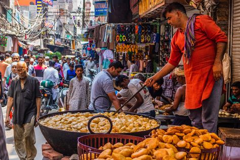 Brace your appetite, and maybe start researching flights to India. Delhi Chaat, Delhi Market, Delhi Street, Desi Street Food, Lamb Kebabs, India Street, Food Street, Travel India, Food Spot