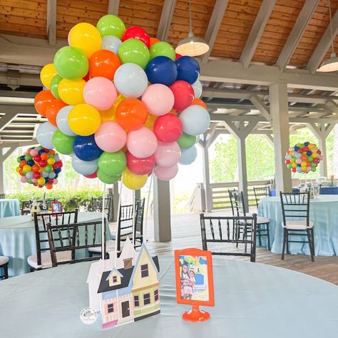 Disney Up Centerpieces Diy, Up Table Decorations Disney, Up Themed Party Decor, Up Movie Centerpiece, Up Themed Bridal Shower Disney Up, Up Theme Table Decorations, Up Movie Balloon Decorations, Up Decorations Pixar Party, Up Movie Birthday Party