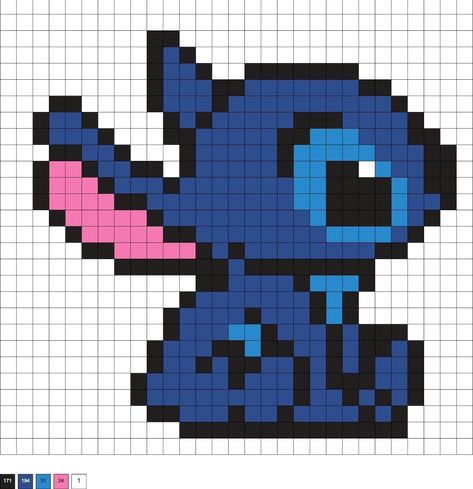 Pixel Drawing Stitch, Easy Pixel Art Stitch, Pixel Art Pattern Stitch, Stitch Perler Beads Pattern, Perler Beads Ideas Stitch, Stitch Melty Beads, Stitch Disney Pixel Art, Perler Beads Stitch Disney, Lilo And Stitch Perler Bead Patterns