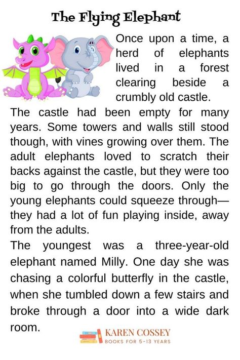 Here's an excerpt from one of 8 fun short stories that your 8 year olds and younger will love. The paperback verison comes with 24 bonus coloring pages making it suitable for classroom reading and writing resources. Story Writing For Kids, Story For Grade 1, English Stories For Kids, English Short Stories, Moral Stories For Kids, Best Short Stories, Book Report Templates, Flying Elephant, Short Stories For Kids