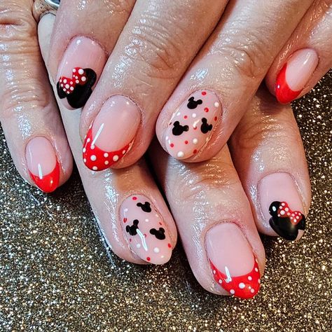 10 Disney Nail Ideas That Are Simply Perfection - That Disney Fam Nails For Disney World Simple, Minnie Nails Pink, Disney Almond Nails Designs, Disney Inspired Nail Art, Disney Themed Nails Acrylic Short, Disneyland Nails Simple, French Tip Disney Nails, Pink Minnie Mouse Nails, Easy Disney Nail Art