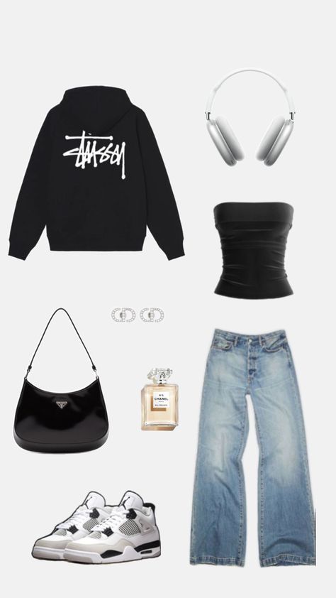 Stüssy hoodie, light blue pants, tube top,streetwear outfit Stüssy Hoodie, Streetwear Girl Outfits, Clean Girl Outfit, Outfit Black And White, Tube Top Outfits, Girls Streetwear, Light Blue Pants, Black And White Outfit, Populaire Outfits