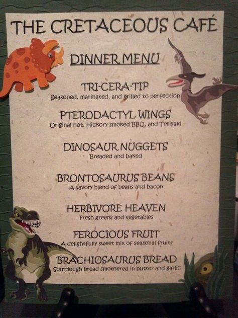 Dinosaur party dinner menu for Hunter's party! Dinosaur Menu Food Ideas, Dino Dinner Ideas, Dinosaur Dinner Party, Jurassic Park Themed Dinner, Jurrasic Park Themed Dinner, Dino Party Food Labels, Jurassic Park Dinner And A Movie, Dinosaur Dinner Ideas, Jurassic Park Food Ideas