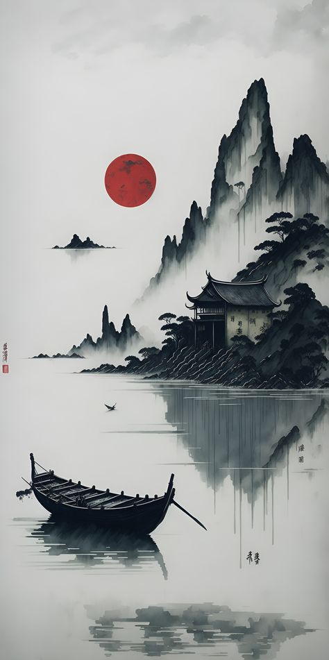 Space Art Wallpaper, Japanese Art Samurai, Japanese Ink Painting, Japanese Wallpaper Iphone, Traditional Chinese Art, Japanese Pop Art, Samurai Wallpaper, Amoled Wallpapers, Chinese Landscape Painting