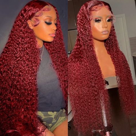 Deep Wave Wig Burgundy, Water Wave Red Wig, Coloured Deep Wave Wig, 99j Curly Lace Front Wig, Burgundy Curly Frontal Wig, Burgundy Red Lace Front Wig, Red Wig Curly, Deep Wave Dyed Wig, 99j Water Wave Wig