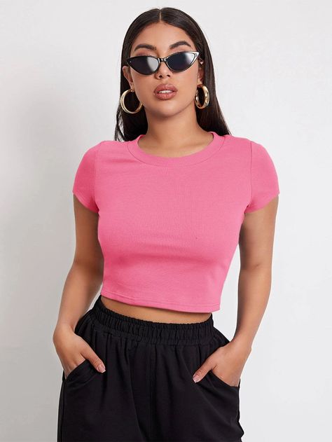 SHEIN Rib-knit Crop Top | SHEIN USA Top Roxo, Purple Top Outfit, Crop Top Outfits Summer, Purple Crop Top, Purple Fits, Fiesta Outfit, Crop Tops Online, Rib Knit Top, Top Shein