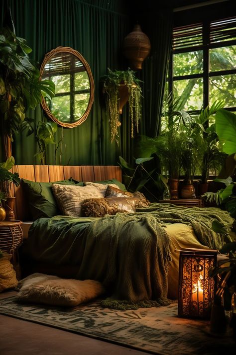 Compact Dark Boho Bedroom with a Jungle Green & Earth Brown Color Scheme, featuring Tropical Plants, Bamboo Furniture, and Jungle Murals, creating a vibrant and natural atmosphere. Boho Room Decor Amazon, Classy Dark Bedroom Ideas, Earth Room Decor, Gothic Earthy Bedroom, Bedroom Inspirations Dark Academia, Evermore Bedroom Aesthetic, Rustic Cottage Bedroom Ideas, Green And Gold Room Aesthetic, Earthy Room Ideas