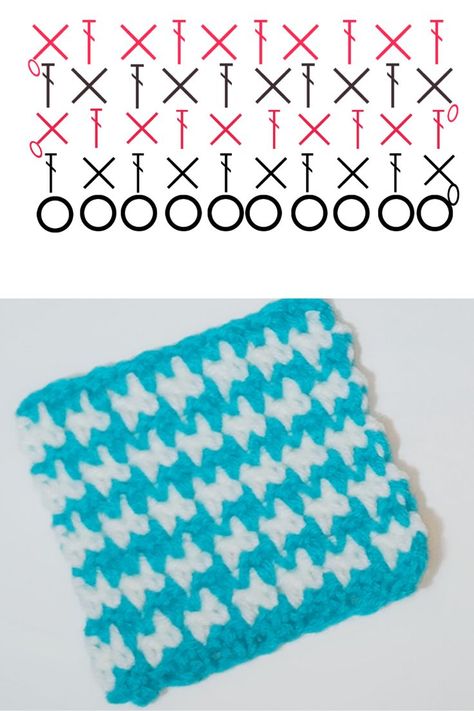 The pattern is still popular to this day in tweed and wool fabrics. It is a two-tone pattern with abstract four-pointed shapes, most often in black and white. The pattern is usually used for coats and jackets, however it can also be found on dresses and skirts.  This easy crochet houndstooth stitch is one is the simplest that I have found. We will be alternating single crochet and the double crochet stitch, then switching colors at the end of each row. #crochethoundstoothstitch Karpet Perca, Crochet Houndstooth, Tips For Guys, Dresses And Skirts, Double Crochet Stitch, Crochet Lovers, Granny Square Crochet Pattern, Crochet Stitches Tutorial, Crochet Stitches Patterns