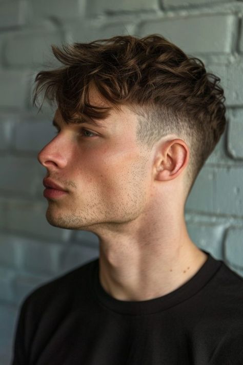 Young man with tousled hair in profile against a blurred brick wall background. Different Mens Haircuts, No Part Mens Haircut, Men’s Short Side Long Top Haircut, Mens Forward Hairstyles, Simple Haircut For Men, Short Haircuts For Guys With Straight Hair, Mens Hairstyles Mullet, Short Hair Men Fade, Buzz Cut Fade Mens