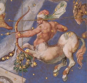 /\ /\ . Sagittarius, Villa Farnese ceiling fresco, painted around 1573 Age Of Pisces, Evolution Of Human, Greek Name, Chinese Zodiac Dragon, Book Illustration Layout, Libra Constellation, Mythology Books, Roman Gods, Zodiac Signs Sagittarius