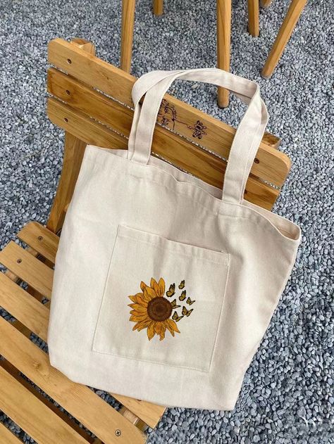 Sunflower & Letter Graphic Shopper Bag Diy Tote Bag Design, Sunflower Tote Bag, Bag For College, Organic Bag, Diy Embroidery Designs, Painted Bags, Daily Bag, Basic Embroidery Stitches, Embroidery Bags