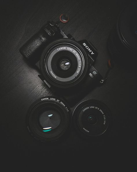 Flat lay of a sony camera beside two canon lenses Mirrorless Vs Dslr, Sony Dslr Camera, Kamera Dslr, Canon Lenses, Camera Wallpaper, Dslr Photography Tips, Camera Aesthetic, Camera Dslr, Dslr Photography