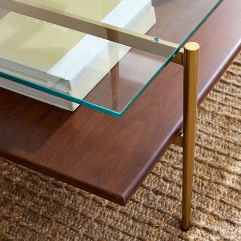 Mid-Century Art Display Coffee Table (46"–52") | West Elm Glass Wood Coffee Table, Mcm Coffee Table, West Elm Mid Century, West Elm Coffee Table, Modern Glass Coffee Table, Coffee Table Rug, Coffee Table Modern, Display Coffee Table, Mid Century Table