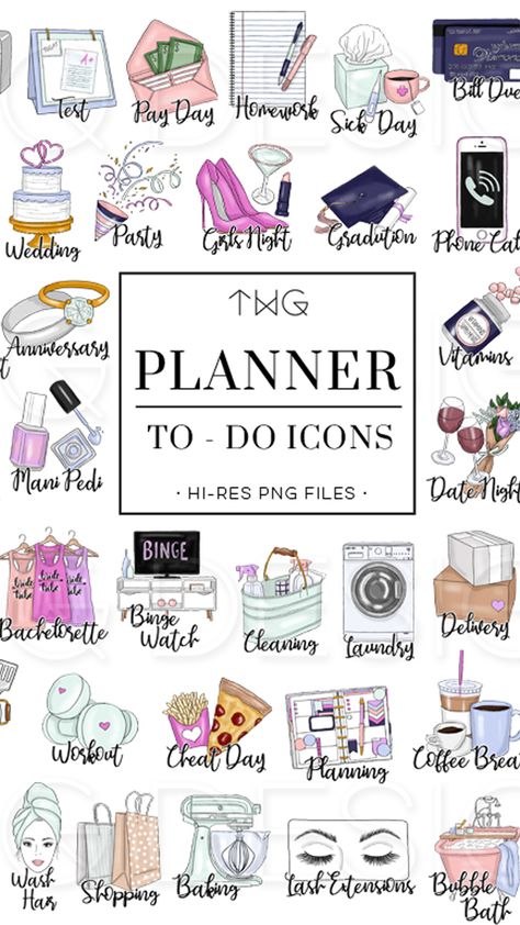To-Do Planner Icon bundles for daily tasks: work, school, home, celebrations, pets, fitness, bills, kids, and more | by TWG Designs Asthetic Clip Art, Planner Icons Free, Work Stickers For Planner, Task Icon, Twg Designs, Illustrated Icons, Planner Icon Stickers, Homemade Calendar, Daily Planner Stickers