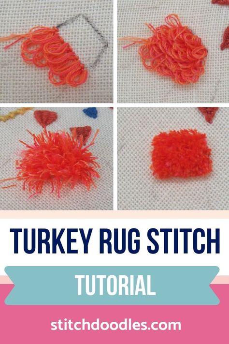 Turkey Knot Embroidery, Turkey Rug Stitch, Embroidery Fringe Stitch, Embroidery Fluffy Stitch, Loopy Embroidery Stitch, Embroidery Pom Pom, Embroidery Turkey Stitch, Fur Embroidery Stitch, Turkey Stitch Tutorial