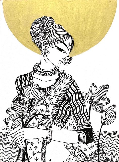 Bring home Lady with Lotus - a unique piece of art by the most loved Varsha Kharatmal. Find the art you love on Artflute.com. Lady With Lotus Painting, Cute Drawings In Black And White, White On Black Art Drawing, Varsha Kharatmal Paintings, Art Outlines Templates, Lady Drawing Sketches, Creative Drawings Unique, Indian Culture Art Drawing, Black Ink Art Illustrations