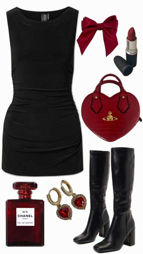 black & dark red outfit, black dress, red accessories, boots Black Boots Outfit Ideas, Black Outfit Red Accessories, Black And Red Clothes Aesthetic, Black Outfit Red Lips, Black Dress With Red Accessories, Black Dress Red Accessories, Dark Red Aesthetic Outfit, Red And Black Outfits Aesthetic, Red Accessories Aesthetic