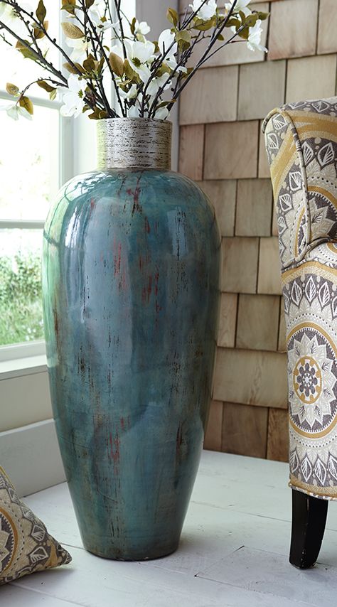 It’s okay to put baby blue in a corner. Let Gallery Home Staging help you put the right pop of color to add interest in your home. www.thegalleryhomestaging.com Vases Decor Living Room, Modern Vases Decor, Floor Vase Fillers, Vasos Vintage, Floor Vase Decor, Scandinavian Vases, Vases Centerpieces, Large Floor Vase, Tall Floor Vases