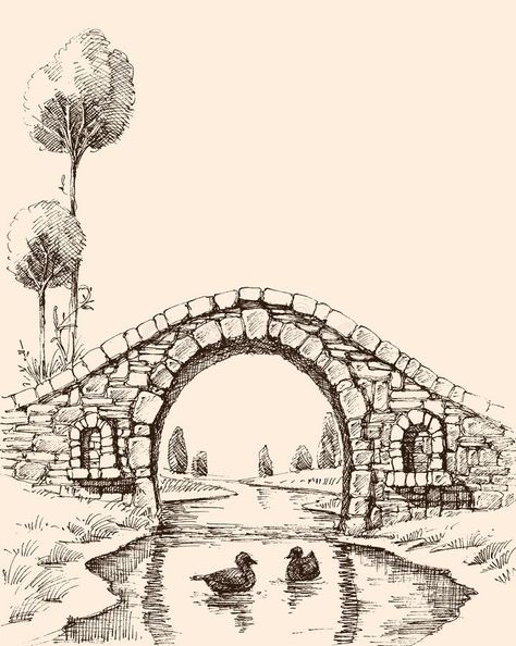 Old stone bridge over river stock illustration Drawings On Legs Art With Pen, Easy Pen Drawings For Beginners, Pencil Drawing Christmas, Pen Art Ideas, Bridge Over River, Bridge Drawing, Landscape Pencil Drawings, Pen Art Work, Architecture Drawing Sketchbooks