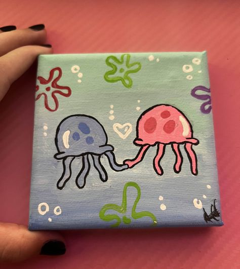 Images To Paint On Canvas, Easy Paints On Canvas, Easy Painting Ideas On Canvas Spongebob, Coraline Easy Painting, Spongebob Painting Ideas Easy, Patrick Star Painting Canvas Easy, Esthetics Paintings, Spongebob Flowers Painting, 10x10 Painting Ideas