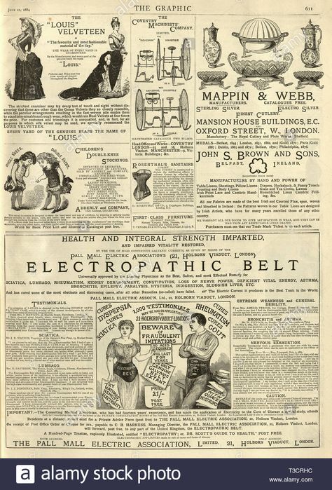 Page of victorian adverts from the Graphic Illustrated Newspaper, 1884, 19th Century. Electropathic belt Stock Photo 19th Century Advertising, Victorian Newspaper Aesthetic, Victorian Newspaper Illustration, 19th Century Newspaper, 19th Century Typography, 19th Century Graphic Design, Victorian Stationary, Victorian Sketches, Victorian Newspaper