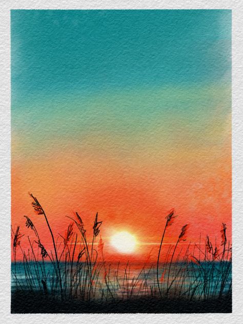 Simple Art Ideas, Landscape Drawing Ideas, Art Print Quotes, Canvas Landscape Painting, Art Print Aesthetic, Digital Sketchbook, Sunset Seascape, Acrylic Painting Tutorial, Canvas Landscape