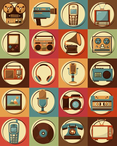 Set of retro vintage devices classic design Premium Vector Vintage Graphic Design, Desain Buklet, طابع بريدي, Background Business, Retro Background, Retro Theme, Retro Designs, Ootd Style, Retro Music