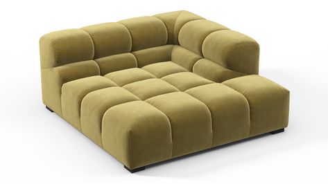 A reimagining of the classic Chesterfield capitonné through the laid-back lens of the 70s,the Tufted sectional is a modern masterpiece. This versatile piece has a striking yet playful look and contemporary appeal. Based around a simple modular concept for ultimate flexibility, the Tufted is a democratic design which can adapt to almost any environment, small city lofts and large entertaining spaces alike. Playful Aesthetic, Tufted Sectional, 70s Design, Small City, Velvet Interiors, Gold Velvet, Entertainment Space, Easy Going, The 70s