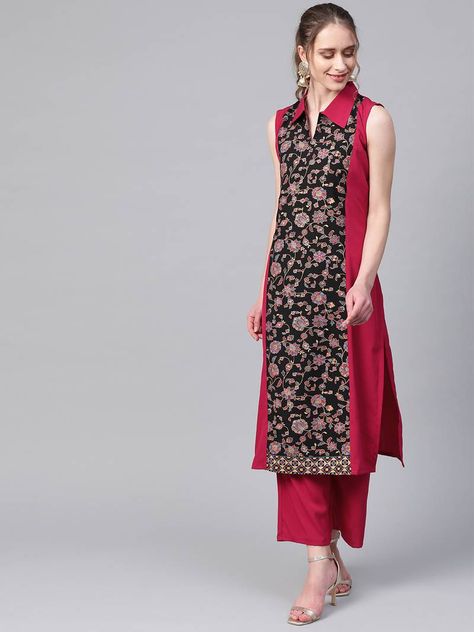 Pink Khadi Print Straight Crepe Kurta Sleeveless Kurti, Sleeveless Kurta, Indian Kurta, Kurta Palazzo, Dark Wear, Crepe Fabric, Kurti Designs, Salwar Suits, Pink Print