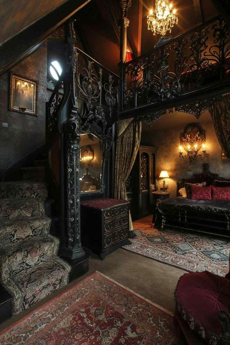 36 Attic Bedroom Ideas Create Romantic Gothic Ambience Under the Rafters (Concept Interiors) Cool Victorian Homes, Goth Tiny House Interior, Midwestern Gothic House, Goth Architecture Interior, Romantic Attic Bedroom, Big Victorian Bedroom, Gothic Romantic Decor, Dark Aesthetic Home Interior Design, Cave Style Interior