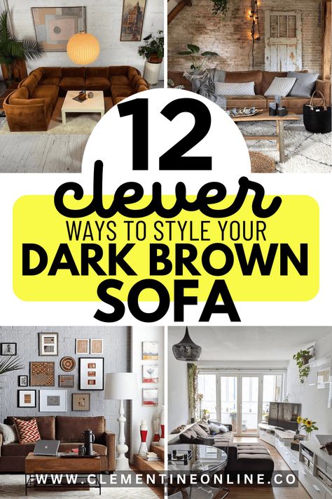 12 Clever ways to Style Your Dark Brown Sofa - Clementine Online Chocolate Brown Sofa Living Room Ideas, Dark Sofa Living Room, Dark Brown Sofa Living Room, Dark Couch Living Room, Brown Sofa Decor, Chocolate Brown Couch, Chocolate Brown Sofa, Dark Couch, Dark Brown Sofa