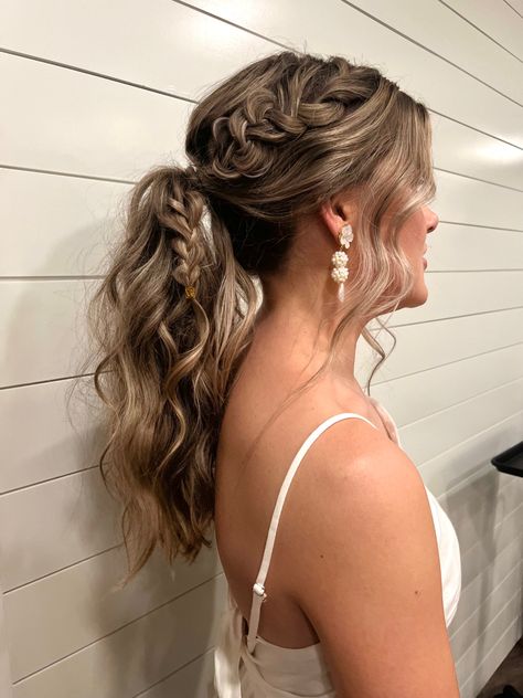 Bridal Hair Medium Length Pony, Bridesmaid Hairstyles For Long Hair Ponytail, Prom Hair Ideas Ponytail, Bridesmaid Braid Ponytail, Braided Pony Bridesmaid, Ponytail Styles For Bridesmaids, Braid Ponytail Wedding Hair, Ponytail For Prom Long Hair, Cute Hoco Updos