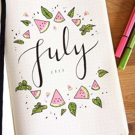 Summer is here and it's time to start thinking about July Bullet Journal themes. And setting up a new journal if your last one is running out of pages! Bullet Journal Month, Bullet Journel, Bullet Journal Page, Bullet Journal 2019, Bullet Journal Cover Page, Journal Bullet, Bullet Journal Weekly Spread, Kraf Diy, Drawings Ideas