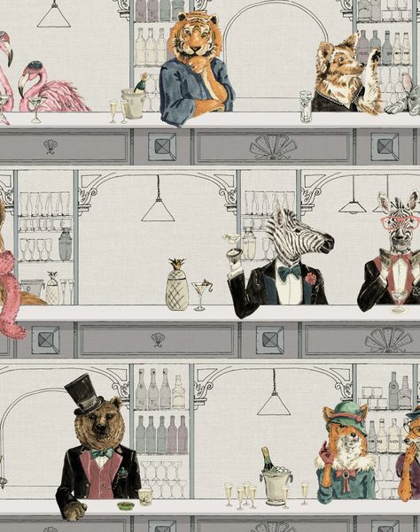 HAPPY HOUR DAY – The Pattern Collective Quirky Wallpaper, Animal Dress Up, Flamingo Dress, As Humans, Luxury Wallpaper, The Wallpaper, Cocktail Bar, Wall Covering, Bold Prints