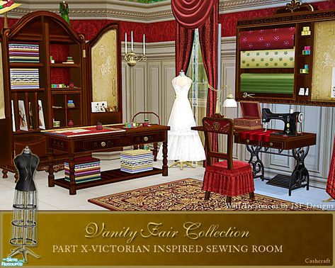 cashcraft's Vanity Fair Sewing Room #Victorian #sewingroom #boudoir #furniture #vintage #antique #TS2 #thesims2 #customcontent #cc Vintage Sewing Rooms, Victorian Clothes, Sewing Room Design, Sewing Cabinet, Treadle Sewing Machines, Victorian Ladies, Sims Building, Sims 4 Cc Packs, Dream Apartment