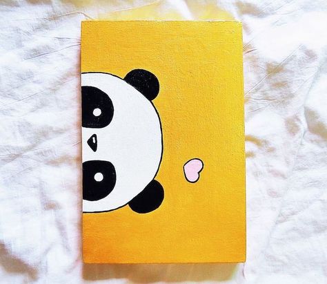 acrylic-painting-of-panda-head-pink-heart-above-it-how-to-draw-step-by-step-yellow-background Heart Paintings Acrylic, Drawings For Kids, Yellow Canvas Art, Cute Easy Paintings, Panda Painting, Panda Head, Kids Canvas Art, Small Canvas Paintings, Canvas Drawing