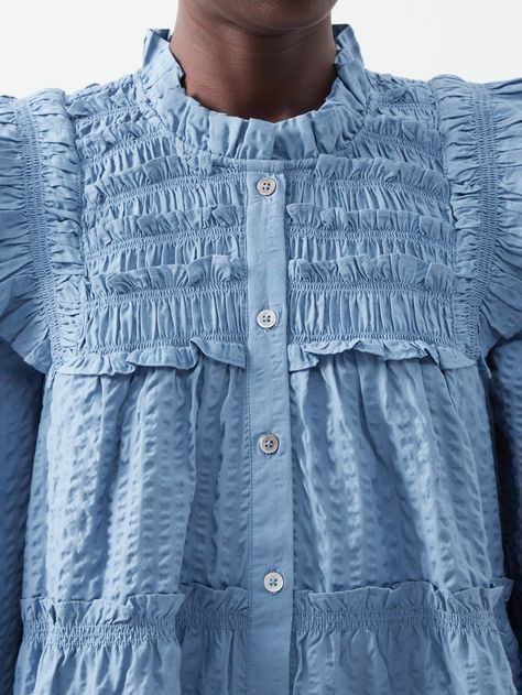 Blue Sevyn ruffle-trim seersucker dress | Sea | MATCHESFASHION UK Smocking, Seersucker Top, Seersucker Dress, Shoulder Cut, Blouse Dress, Online Shopping For Women, Ruffle Trim, Loose Fitting, Checks