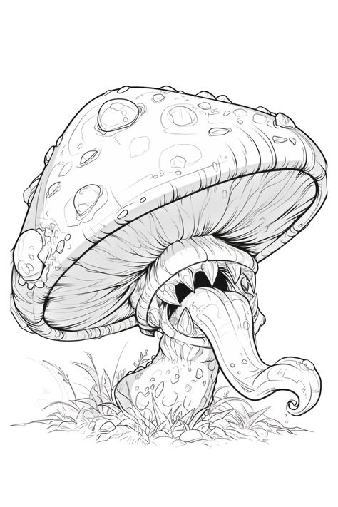 What do you think about these scary coloring pages with creepy mushroom? Spooky Mushroom Drawing, Creepy Mushroom Art, Spooky Pyrography, Creepy Mushroom Drawing, Graffiti Mushroom, Weird Coloring Pages, Coloring Pages Horror, Cottagecore Coloring Pages, Cute And Creepy Coloring Pages