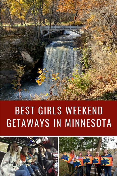 Waterfall at Minneopa State Park outside Mankato, Minnesota. Girls in a limousine on a wine tour in the Stillwater, Minnesota area. Five girls holding up moose paintings created at a paint night event in Duluth, MN Minnesota Weekend Getaways, Midwest Girls Weekend, Girls Trip Destinations, Weekend Road Trip, Girls Weekend Getaway, Spa Weekend, Adventure Ideas, Spa Days, Minnesota Travel