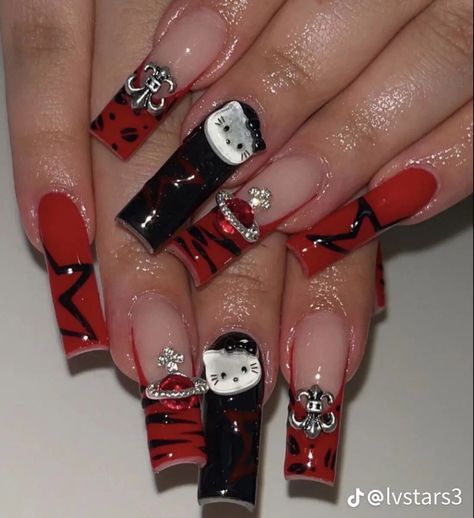 Kitty Nails, Punk Nails, Goth Nails, Grunge Nails, Hello Kitty Nails, Pretty Gel Nails, Unique Acrylic Nails, Cat Nails, Long Square Acrylic Nails