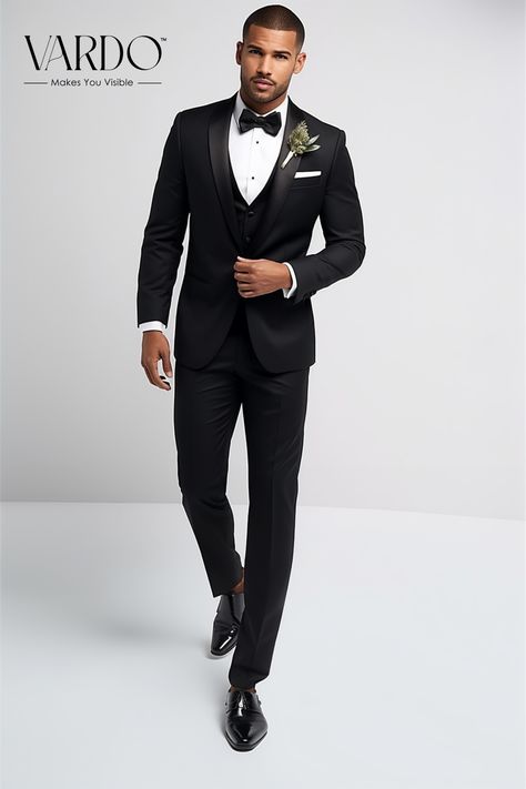 Black Three Piece Shawl lapel Suit, Black tuxedo. Suit For Men Prom, Black Tuxedo Wedding, Men's Tuxedo Wedding, Wedding Suits Men Black, Black Men Suits, Groom Suit Black, Event Attire, Sleek Wedding, Black Suit Wedding