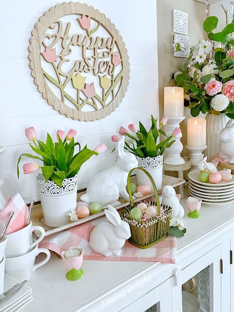 Easter Inspiration Decor, Easter Kitchen Decor, Joy Decorations, Easter Decoration Ideas, Diy Easter Decor, Easter Decor Ideas, Faux Candles, White Bunnies, Easter Wood Crafts