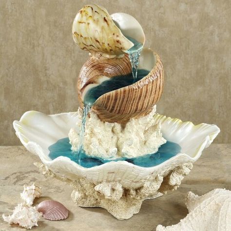 Seashell water fountain Seashell Waterfall, Seashell Fountain, Seashell Table, Shell Centerpieces, Table Fountain, Shell Island, Art Coquillage, Shell Craft, Island Table