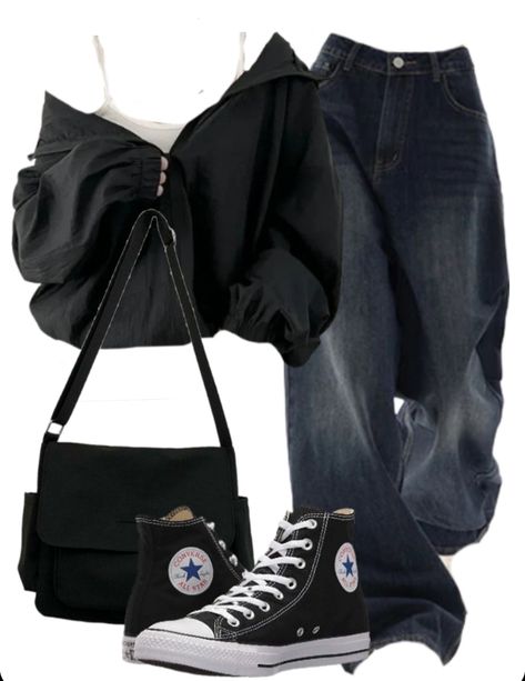 OOTD: Hooded Zip Up Jacket + Boyfriend Jeans + Large Canvas Satchel Bag Clothes For Your Dr, Off The Shoulder Zip Up Jacket Outfit, Tiktok Grunge Outfits, How To Style Black Jean Jacket, Clothing Boards Outfits, Baggy Fit Women, Clothing Styles Aesthetic, How To Style Jean Jacket, Trendy Y2k Outfits