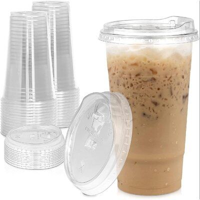 Sturdy, BPA-free pet material: each plastic cup with a lid is made of polyethylene terephthalate of the highest quality and strict food safety standards. These BPA-free iced coffee cups with lids will not easily break, will not create a mess on the floor, will not ruin your guest's dress, and will not let you down. Coffee Plastic Cup, Plastic Cups With Lids, Coffee Cups With Lids, Plastic Coffee Cups, Iced Coffee Cups, Clear Plastic Cups, To Go Coffee Cups, Plastic Party Plates, To Go Cup